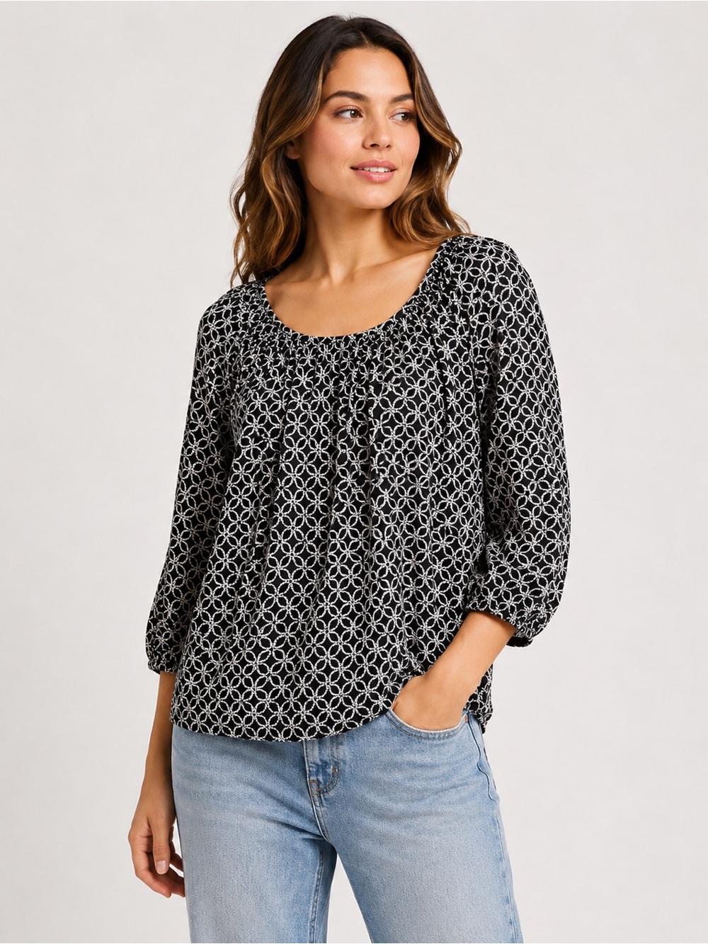 Michael Kors Geometric Print Peasant Blouse Women’s Small Black White 3/4 Sleeve